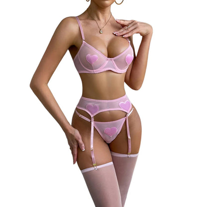 Pink Heart Patchwork Lingerie 4 Piece Mesh See-through Bras And Panties Suits With Stocking Fancy Set The Clothing Company Sydney