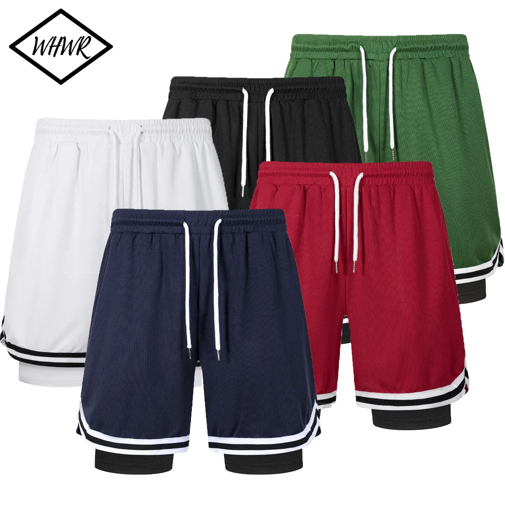 2 in 1 Summer Men's Sports Elastic Waist Basketball Training Shorts Fitness Running Breathable Quick Dry Sportswear Bottoms