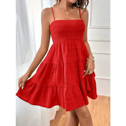 Spaghetti Strap Smocked Bustier Mini Dress Blue Ruffled Tiered Swing Dress Summer Casual Vacation Beach Wear The Clothing Company Sydney