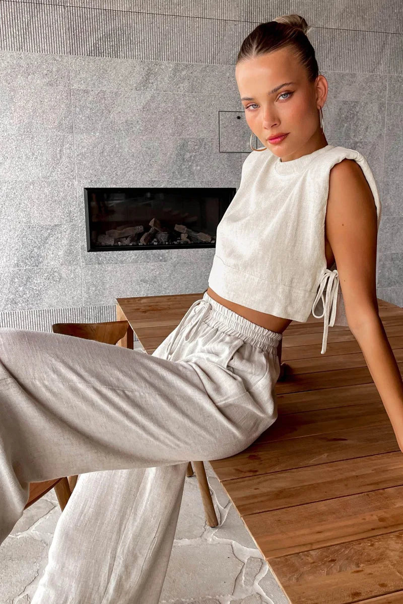 Spring Summer Holiday Linen Pant Set Crop Tops Solid Outfits 2 Two Piece Matching Outfit Set For Women The Clothing Company Sydney