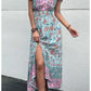 Short Sleeves V Neck Vintage Floral Boho Printed Slit Midi Dresses A Line Bohemian Summer Beach Dress