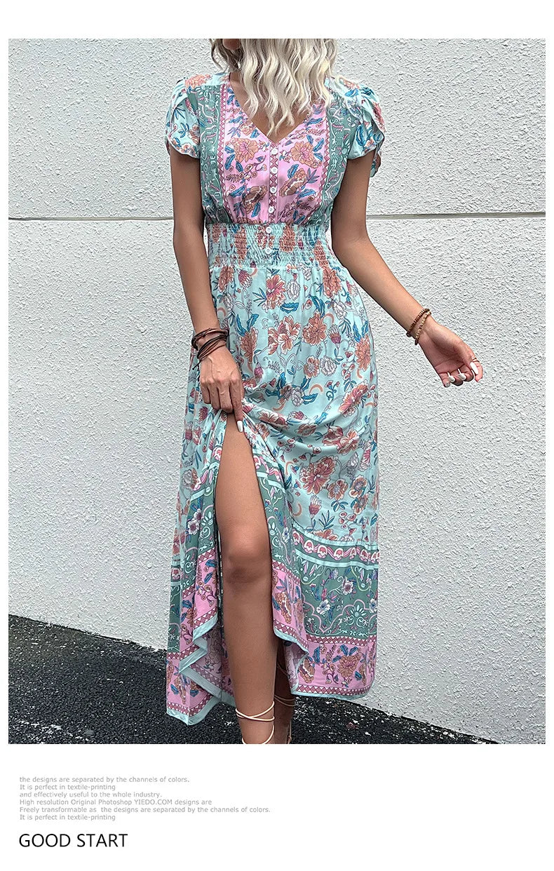 Short Sleeves V Neck Vintage Floral Boho Printed Slit Midi Dresses A Line Bohemian Summer Beach Dress