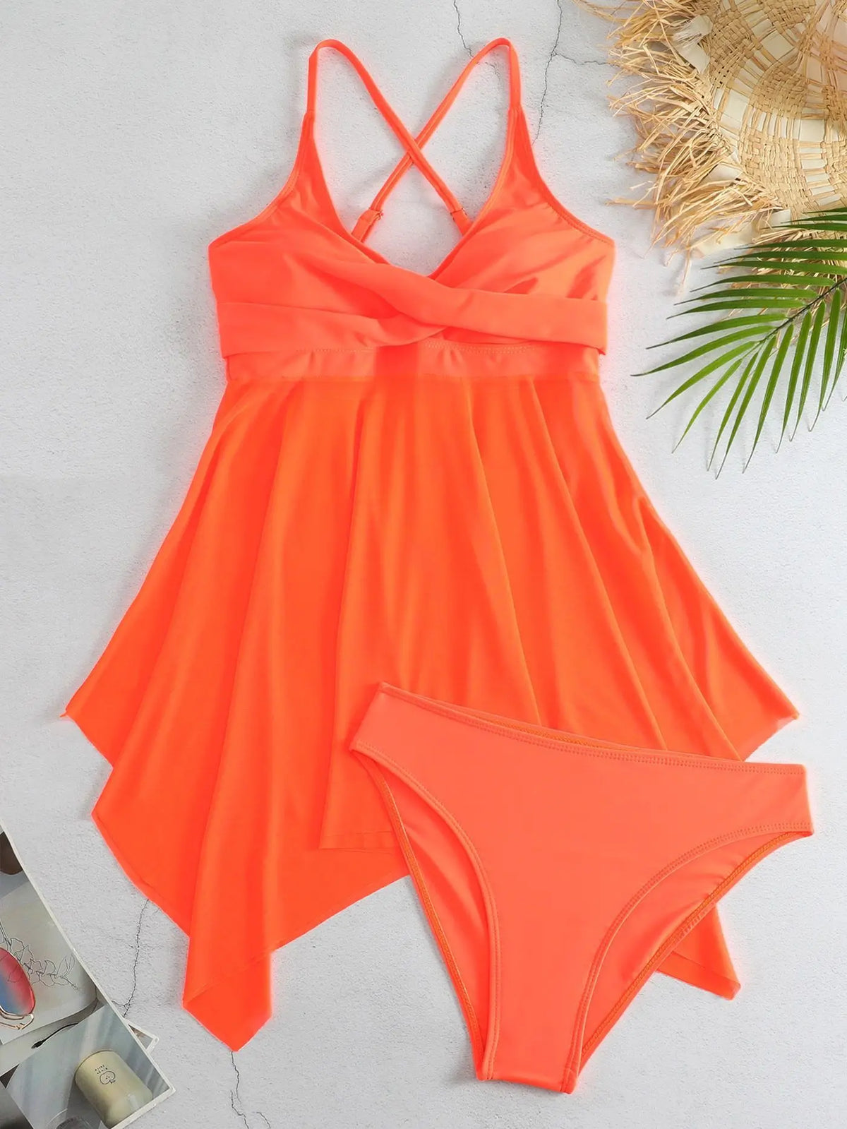 Plus size women's two-piece tankini set swimsuit with dress-style top for beachwear