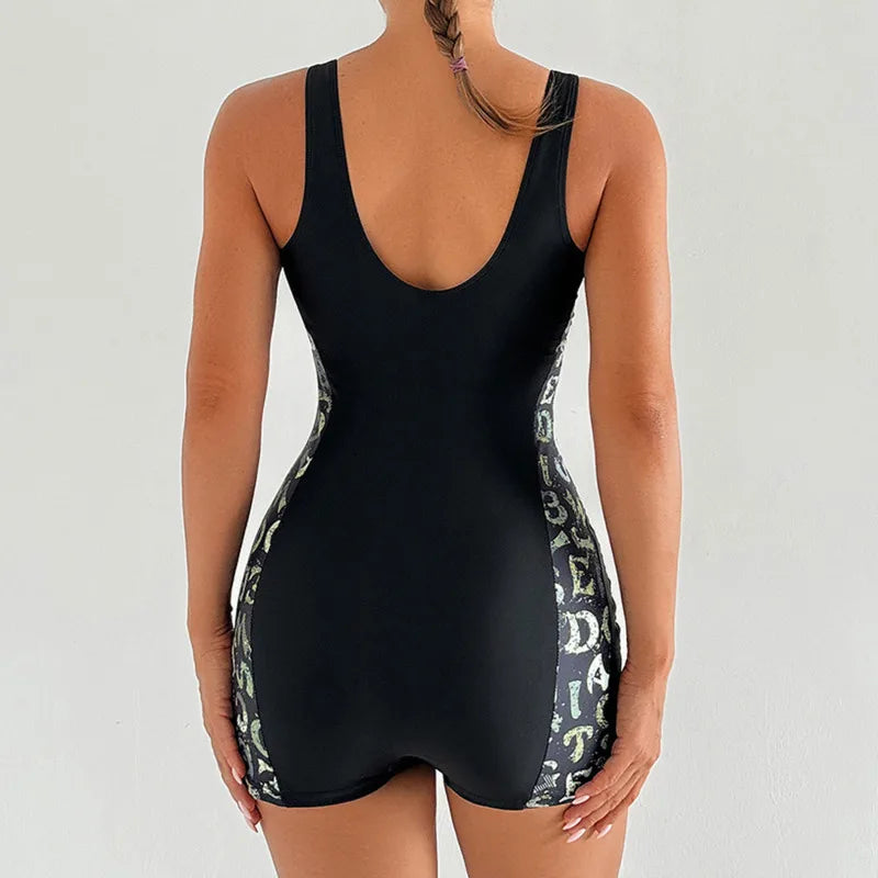 Women's boyleg one-piece swimsuit with printed side panels by The Clothing Company Sydney