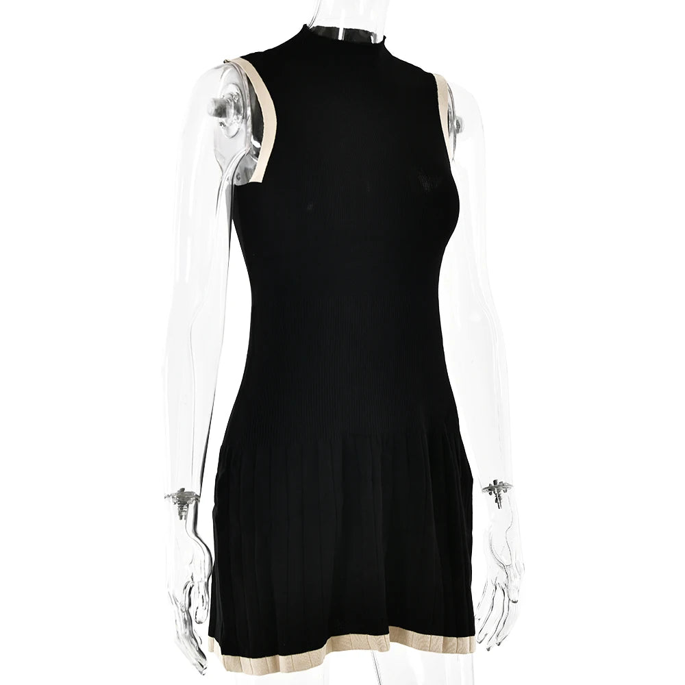 Knitted Round Neck Pleated Women's White Sleeveless High Waist Summer Casual Sporty Dress The Clothing Company Sydney