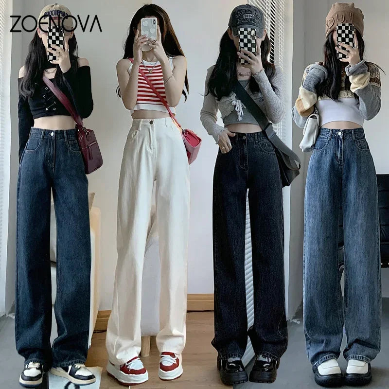 High Waisted Jeans Y2K Fashion Women Clothing Blue Black Straight Leg Denim Pants Trousers Mom Jean Baggy Trousers