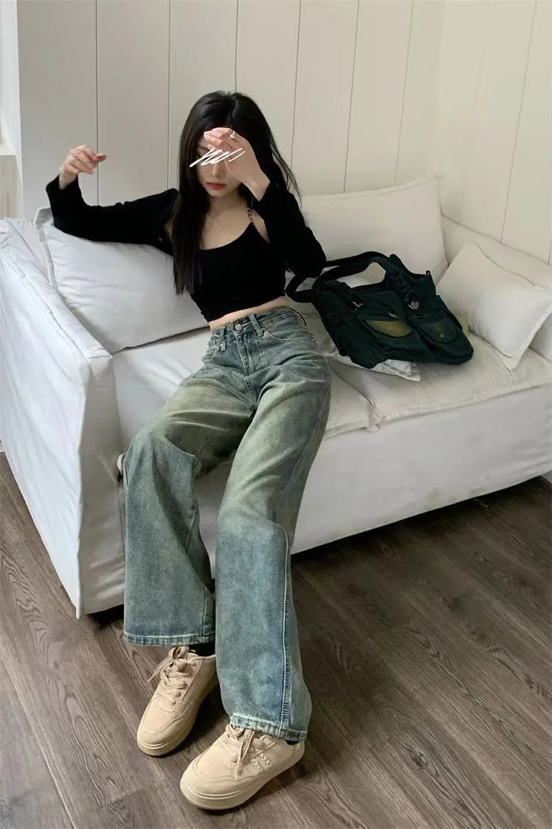 Vintage Baggy Straight Denim Trousers Y2K High Waist Loose Wide Leg Jeans Women Streetwear All-Match Casual Pants