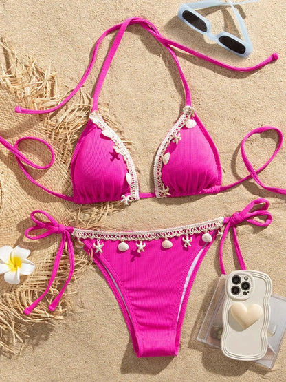 Shell Decoration Ribbed Bikini Women Swimwear Swimsuit Two-pieces Bikini Set Halter Strappy Bather Bathing Suit The Clothing Company Sydney