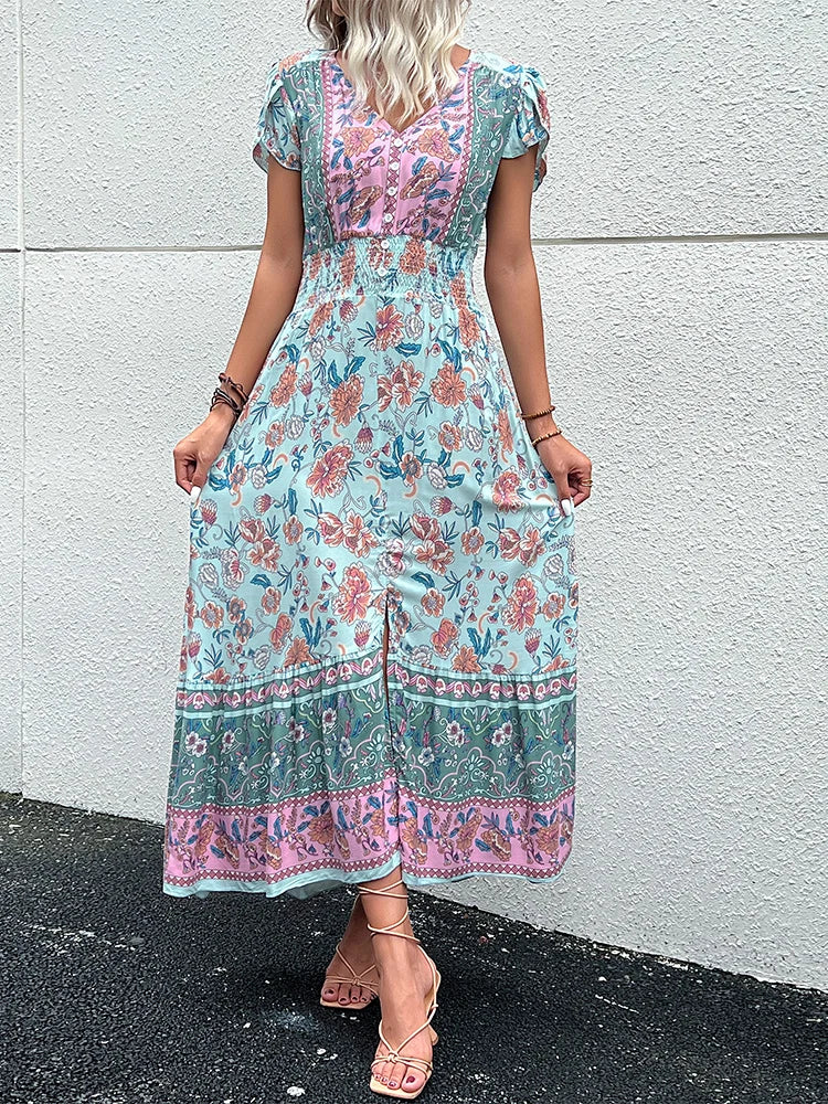 Short Sleeves V Neck Vintage Floral Boho Printed Slit Midi Dresses A Line Bohemian Summer Beach Dress The Clothing Company Sydney