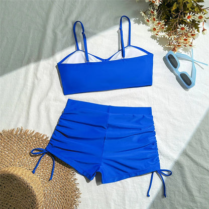 Wrinkled Knotted Shorts High Waist Bikini Swimsuit Women Swimwear Two-piece Bikini set Bather Bathing Suit