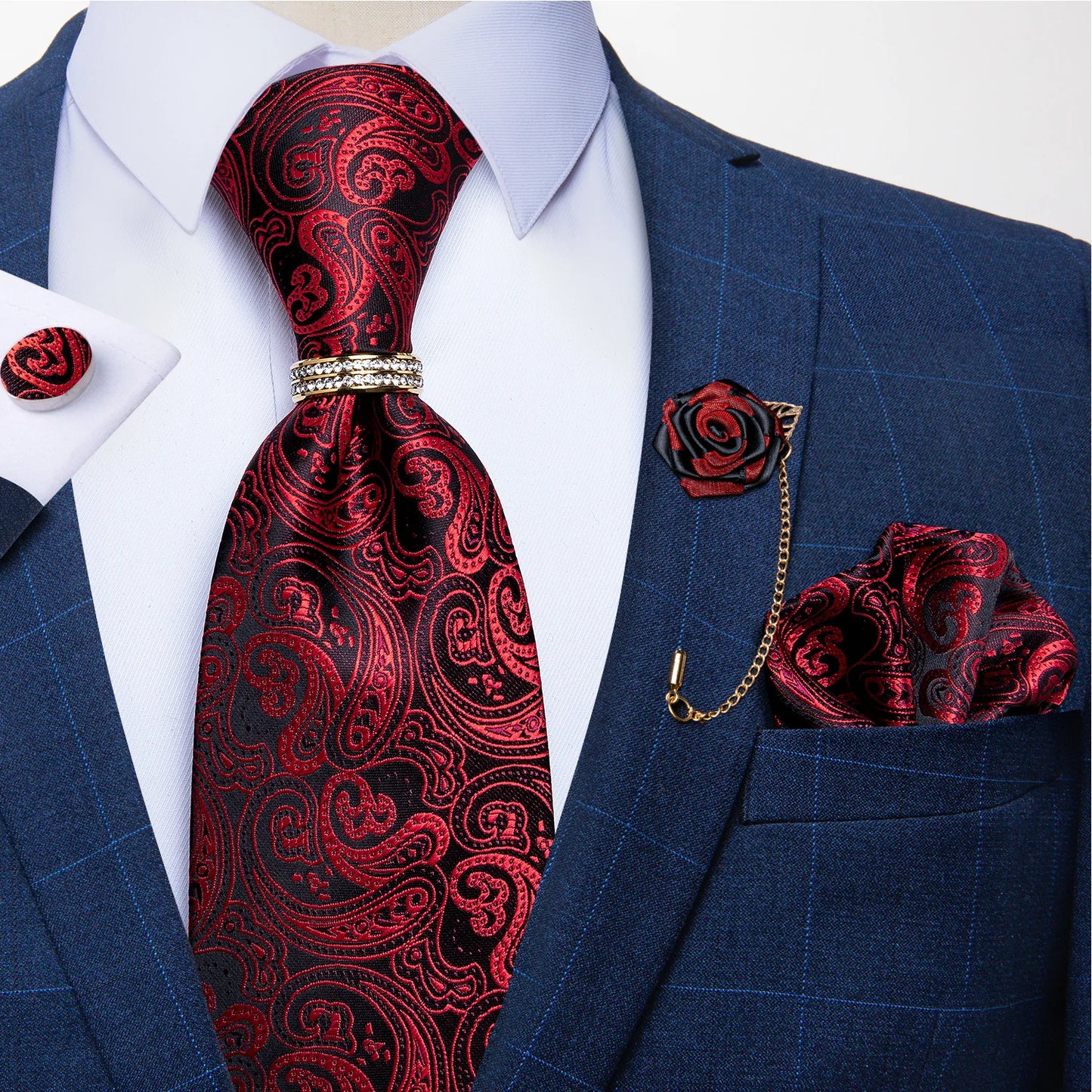 5 Piece Designer Blue Red Paisley Ties Wedding Party Neck Tie Luxury Tie Ring Brooch 100% Silk Tie Set Gift For Men The Clothing Company Sydney