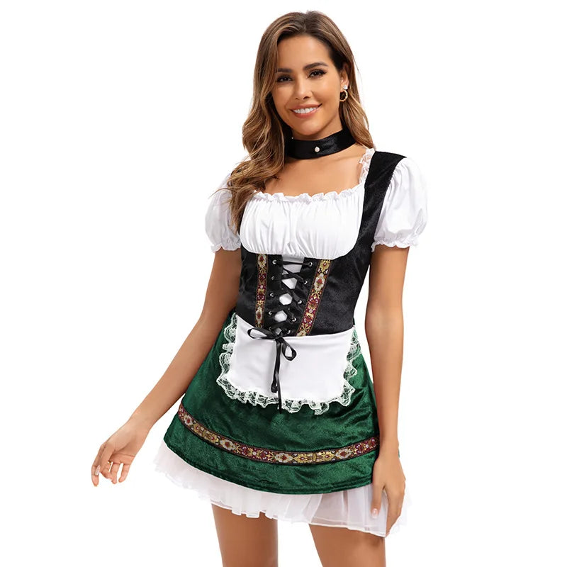 Women's Elegant Ruffled Lace Up Maid Cosplay Costume Oktoberfest Bavarian Dirndl Vintage Festival Dress