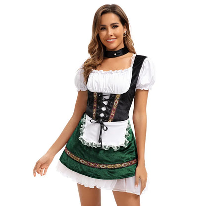 Women's Elegant Ruffled Lace Up Maid Cosplay Costume Oktoberfest Bavarian Dirndl Vintage Festival Dress