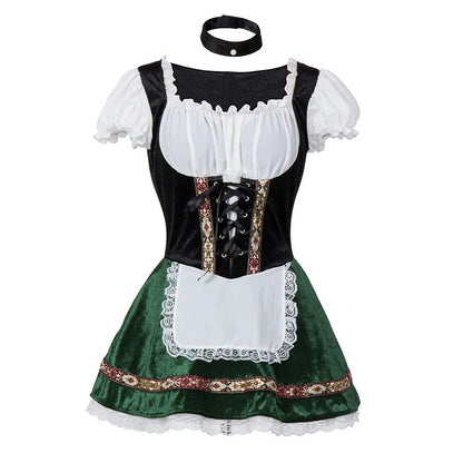 Women's Elegant Ruffled Lace Up Maid Cosplay Costume Oktoberfest Bavarian Dirndl Vintage Festival Dress