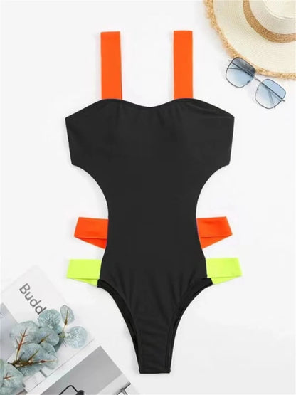 Black Contrast One Piece Swimsuit Neon Strap Hollow Out Backless Monokini Summer Bathing Suit Patchwork Swimwear The Clothing Company Sydney