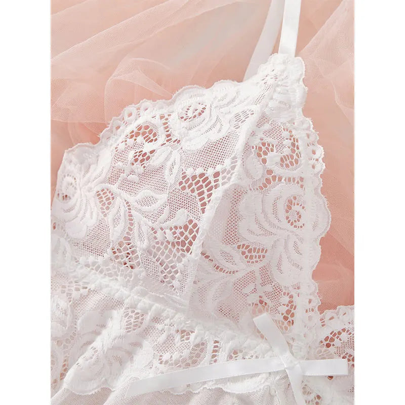 Women's plus-size lace lingerie set with bra, thong, suspender details and nightgown in two-piece design