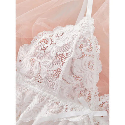 Women's plus-size lace lingerie set with bra, thong, suspender details and nightgown in two-piece design