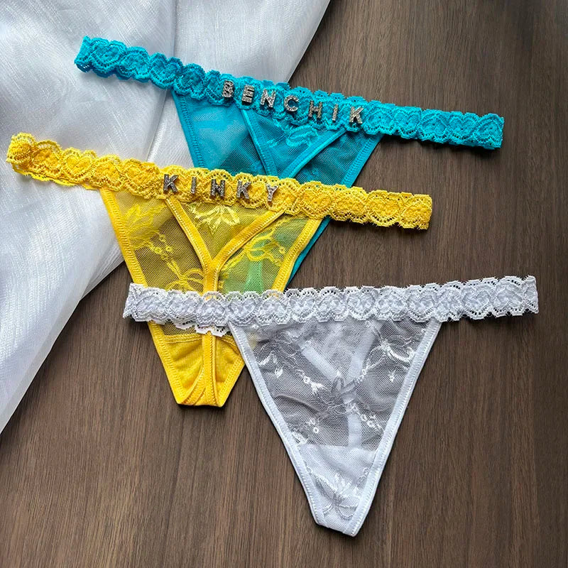 Custom Name Crystal Letter Thong Lace Bikini Panties G-String Low Waist Briefs The Clothing Company Sydney