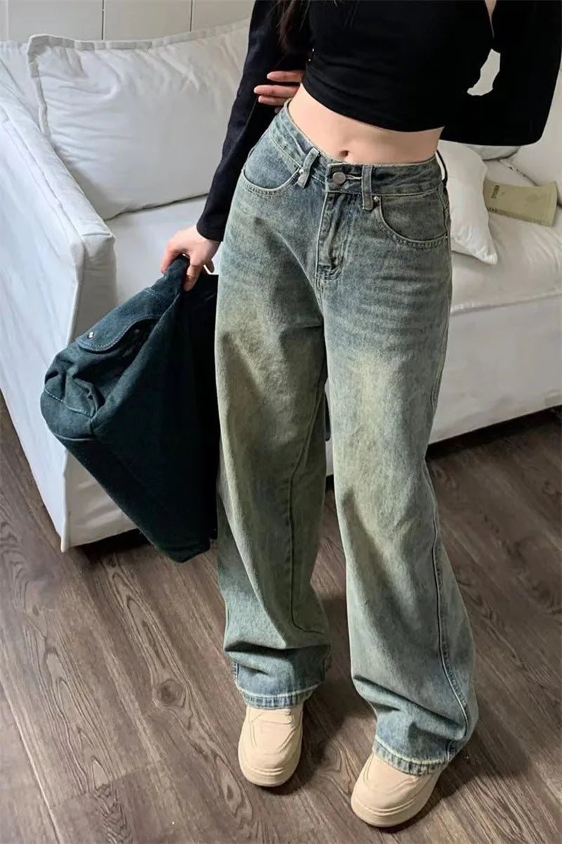 Vintage Baggy Straight Denim Trousers Y2K High Waist Loose Wide Leg Jeans Women Streetwear All-Match Casual Pants