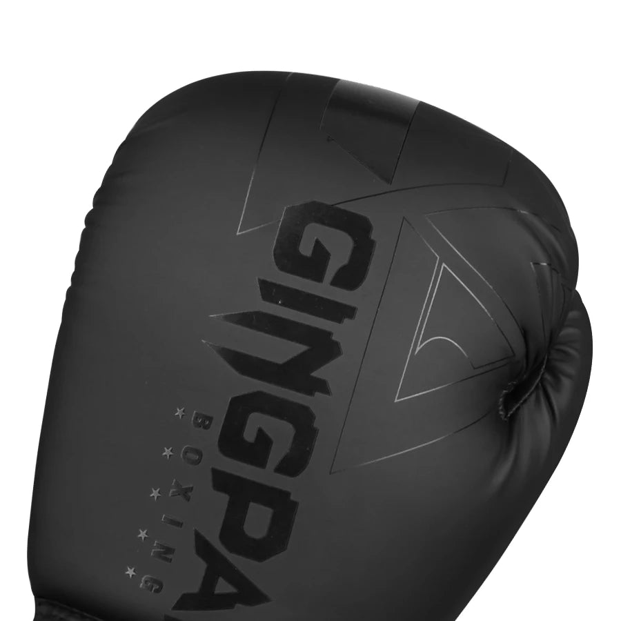 Black PU boxing gloves for adults and kids, designed for Muay Thai, MMA, kickboxing, and training