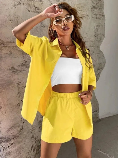 Long Sleeve Single breasted Top Broad legged Shorts Set Fashion Ladies Solid Suits Summer 2 Piece Matching Outfits For Women The Clothing Company Sydney