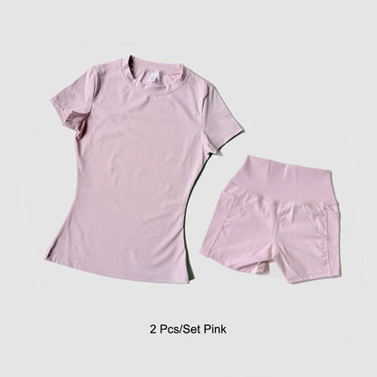 2 Piece Women's Sports Yoga Set Seamless Knitted Fitness Gym Clothes Sportswear Short Sleeve Crop Top Tracksuits Gym Bike Shorts - The Clothing Company Sydney