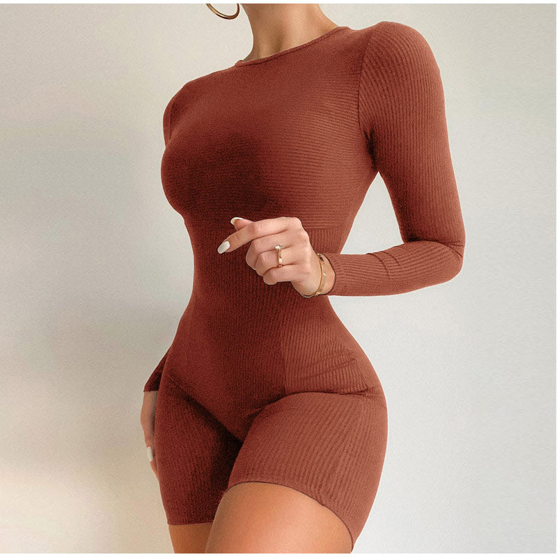 Casual Women's Knitted Bodycon Jumpsuit Fashion Long Sleeve Short Sport One-piece Suit Spring Back Zipper Yoga Playsuit The Clothing Company Sydney