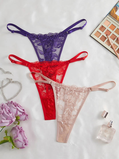 3 Pack Women's Lace Panties Underwear Adjustable Strap Floral Lace Sheer Mesh Thong G String The Clothing Company Sydney