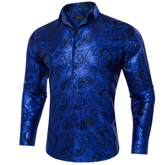 Pink Blue Red Paisley Print Men's Long Sleeve Social Men Clothing Tops Slim Fit Dress Shirts