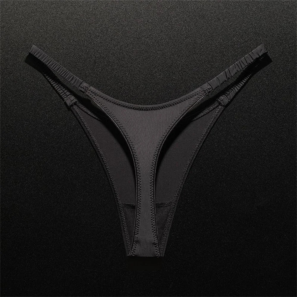High Slit Ice Silk Thong with Elastic Pleated Waistband Sports V-shape Fitness G-string Plus Size Panties
