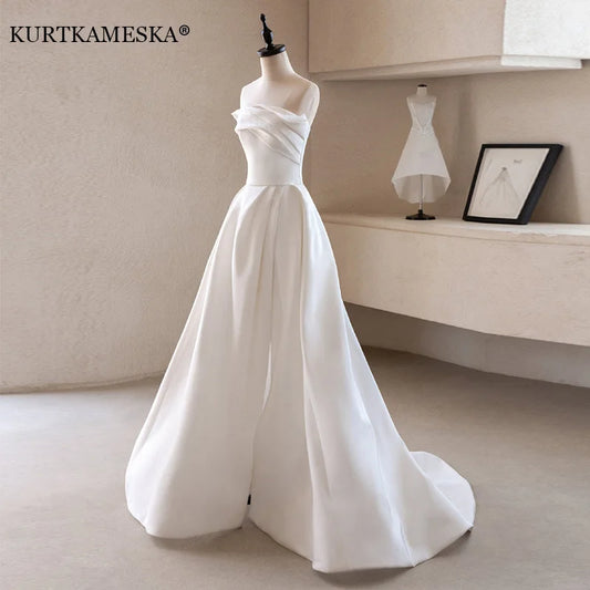 Luxury White Satin Trailing Wedding Dresses Women Elegant Strapless Long Prom Party Bridal Dress