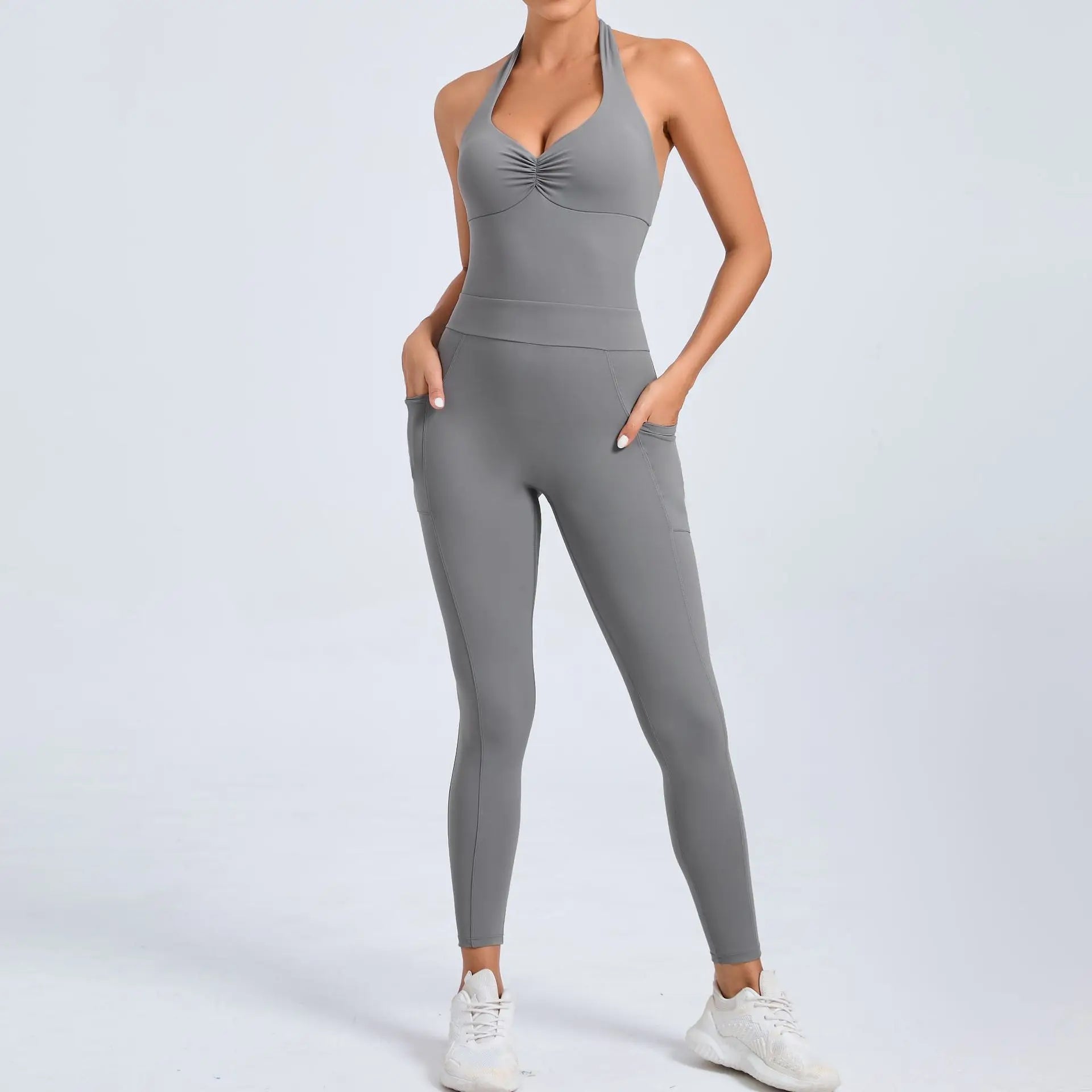 Hollow Backless Sport Short One Piece Jumpsuit Pocket Unitard Yoga Set Gym Women Romper Fitness Scrunch Squat Outfit Set The Clothing Company Sydney