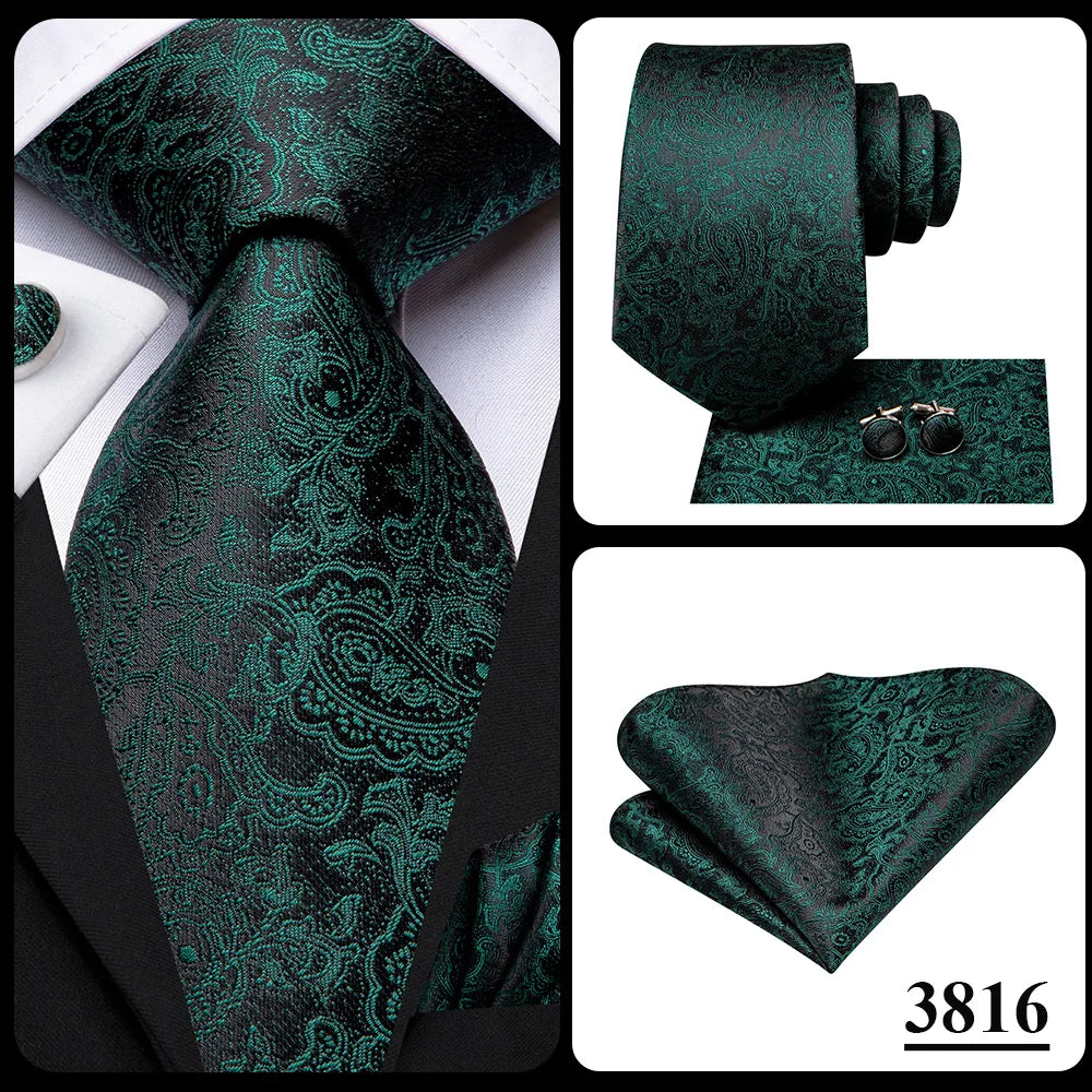 Green Paisley Silk Tie Set for Men – Necktie, Pocket Square & Cufflinks The Clothing Company Sydney