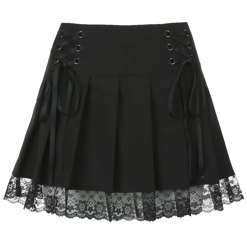 Retro Pleated Skirt Lace Up High Waist Plaid Mesh Stitching Hem Y2K Aesthetic Gothic Black Mini Skirt The Clothing Company Sydney