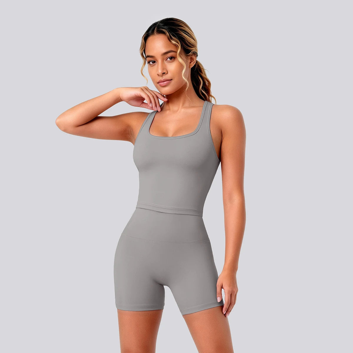 2 Piece Women's Breathable Workout Top I-shaped Vest  Push Up Quick-Dry Summer Yoga Shorts Matching Set