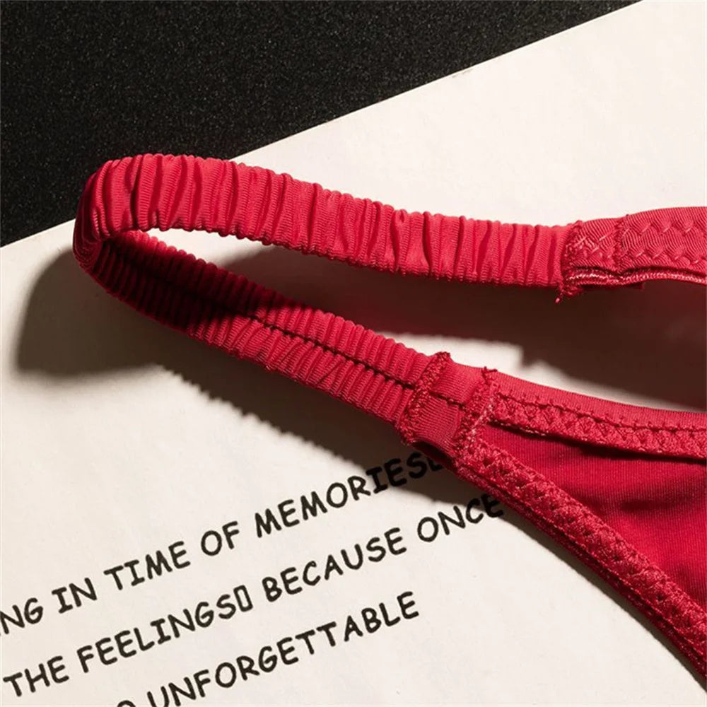 High Slit Ice Silk Thong with Elastic Pleated Waistband Sports V-shape Fitness G-string Plus Size Panties