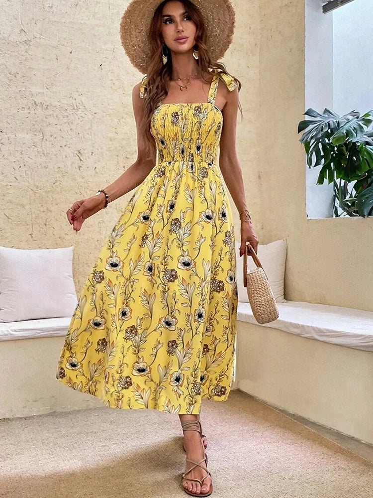 Floral Long Dress Women's Backless Sleeveless Bandage Beach Sundress Casual Green Summer Ladies Dresses