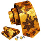 Elegant Men's Gold Leaves Floral Silk Neck Tie Pocket Square Cufflinks Wedding Business Party Gift Set