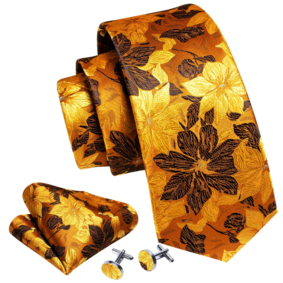 Elegant Men's Gold Leaves Floral Silk Neck Tie Pocket Square Cufflinks Wedding Business Party Gift Set