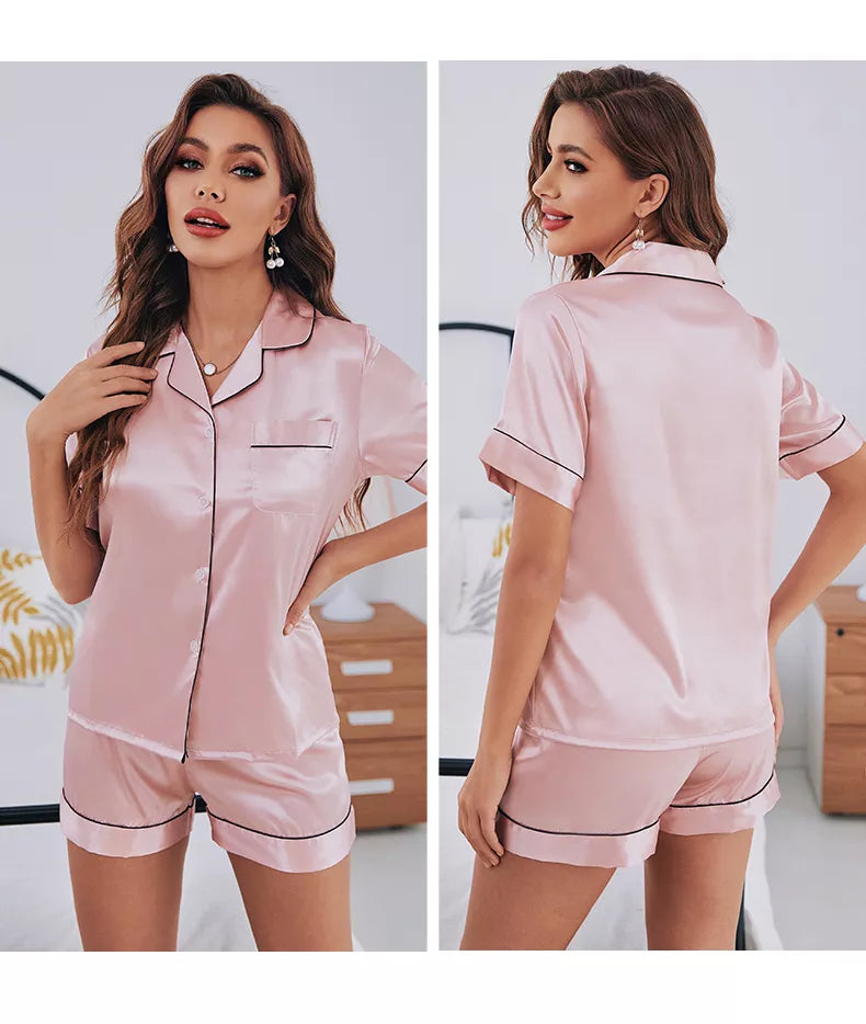 Womens Satin Pajamas Set Short Sleeve Two piece Pj Sets Sleepwear Loungewear Button-Down Pyjama Set The Clothing Company Sydney