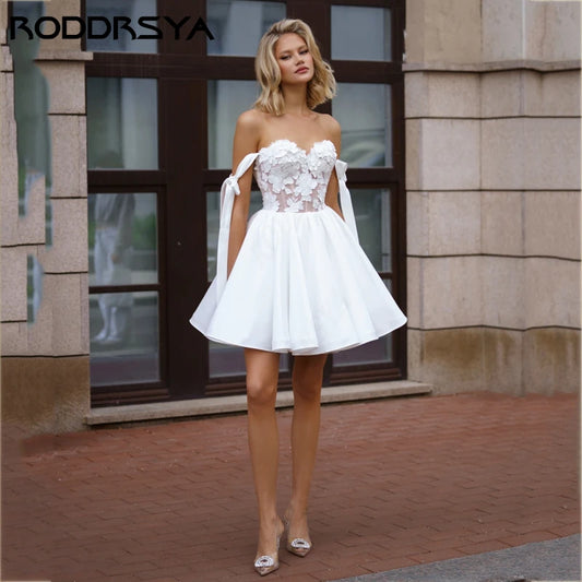 Mini Simple Satin Wedding Dress Off Shoulder 3D Flower Sweetheart Lace A-line Custom Made Bridal Part Dress The Clothing Company Sydney
