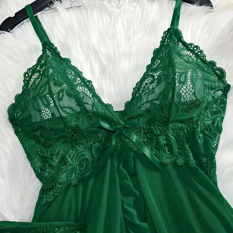 Women's plus-size lace lingerie set with suspender details, bra, nightgown and thong two-piece set