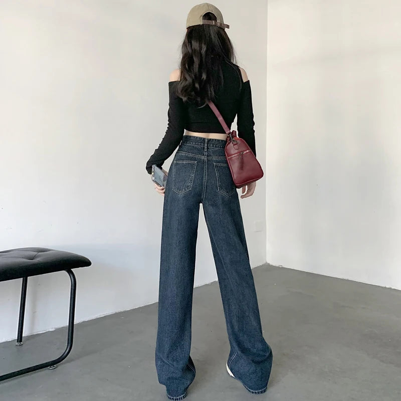 High Waisted Jeans Y2K Fashion Women Clothing Blue Black Straight Leg Denim Pants Trousers Mom Jean Baggy Trousers