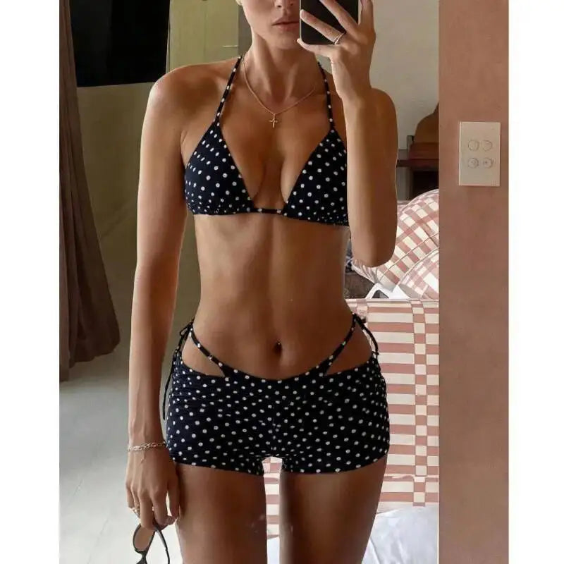 The Clothing Company Sydney three-piece bikini swimsuit with Brazilian bikini top, bottoms, and beach cover-up