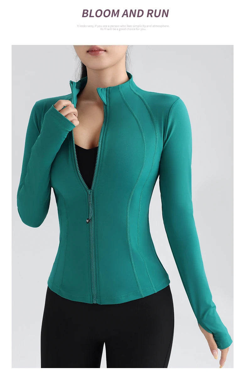 Women's Fitness Running Stretchy Tight Long Sleeve Top Sportswear Full Zip Yoga Top with Thumbholes Training Wear Jacket