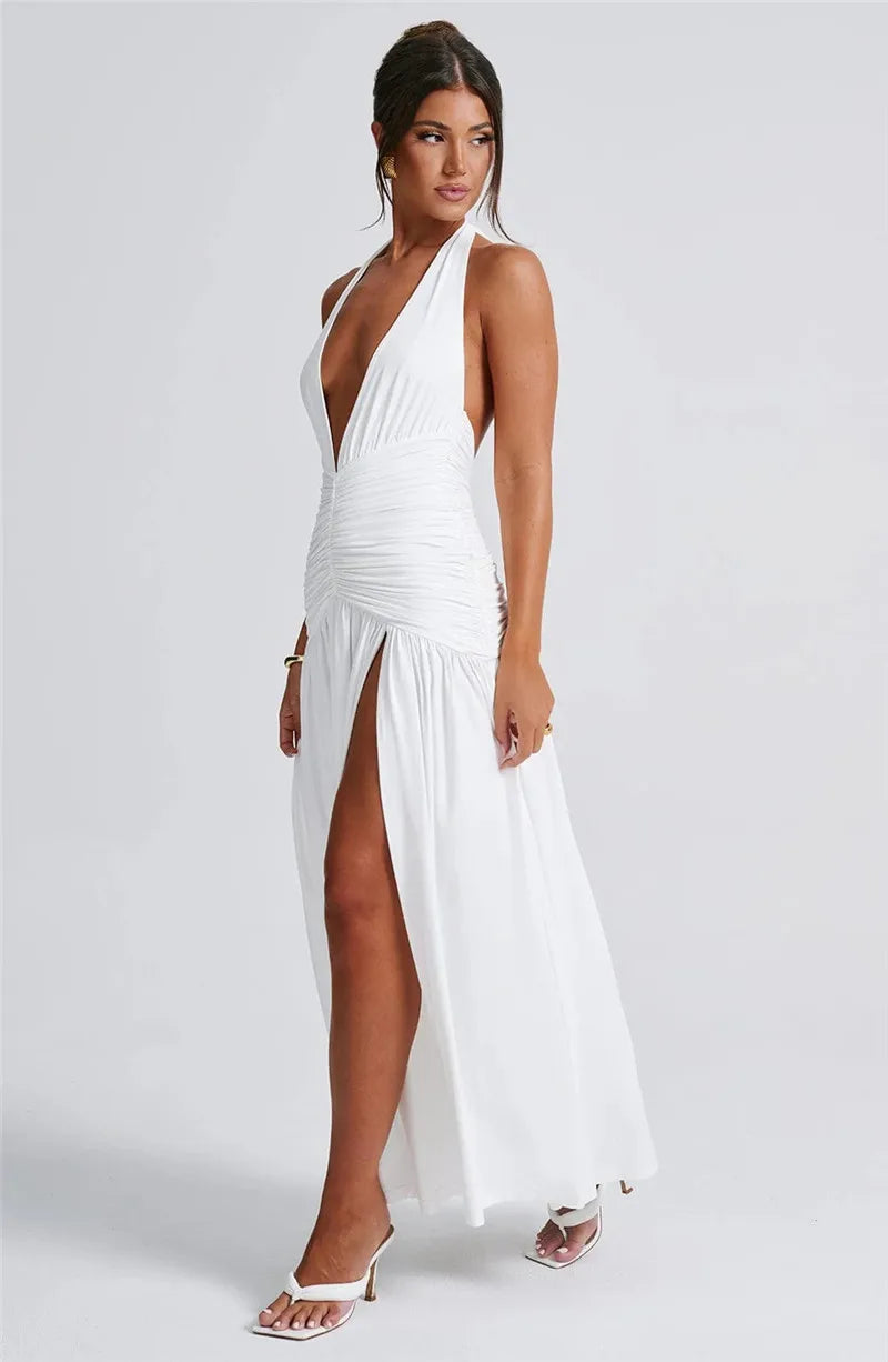 Halter Deep V Neck Backless Maxi Sleeveless Thigh High Split Long Dress The Clothing Company Sydney