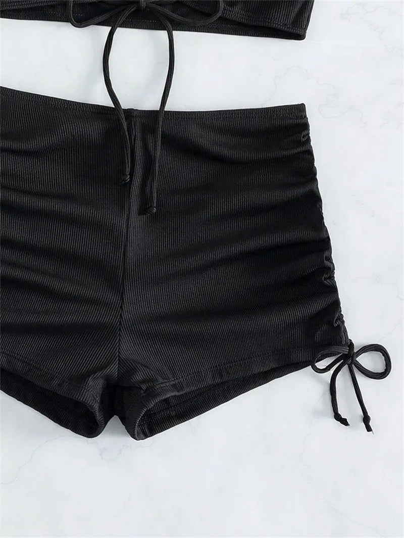 Brown Ribbed Swimwear Shorts Swimsuits Women Halter Bikinis Set String Drawstring Bathing Suit Beachwear