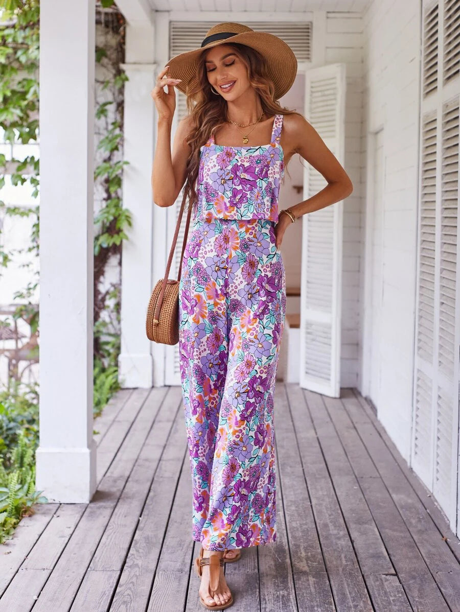 Elegant Long Women's Backless Wide Leg Jumpsuits Casual Sleeveless Floral Rompers Summer Matching Outfit Set