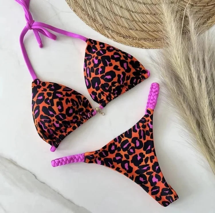 Women's Braided rope Micro Bikinis  Swimsuit Leopard Print Beach Bathing Suit