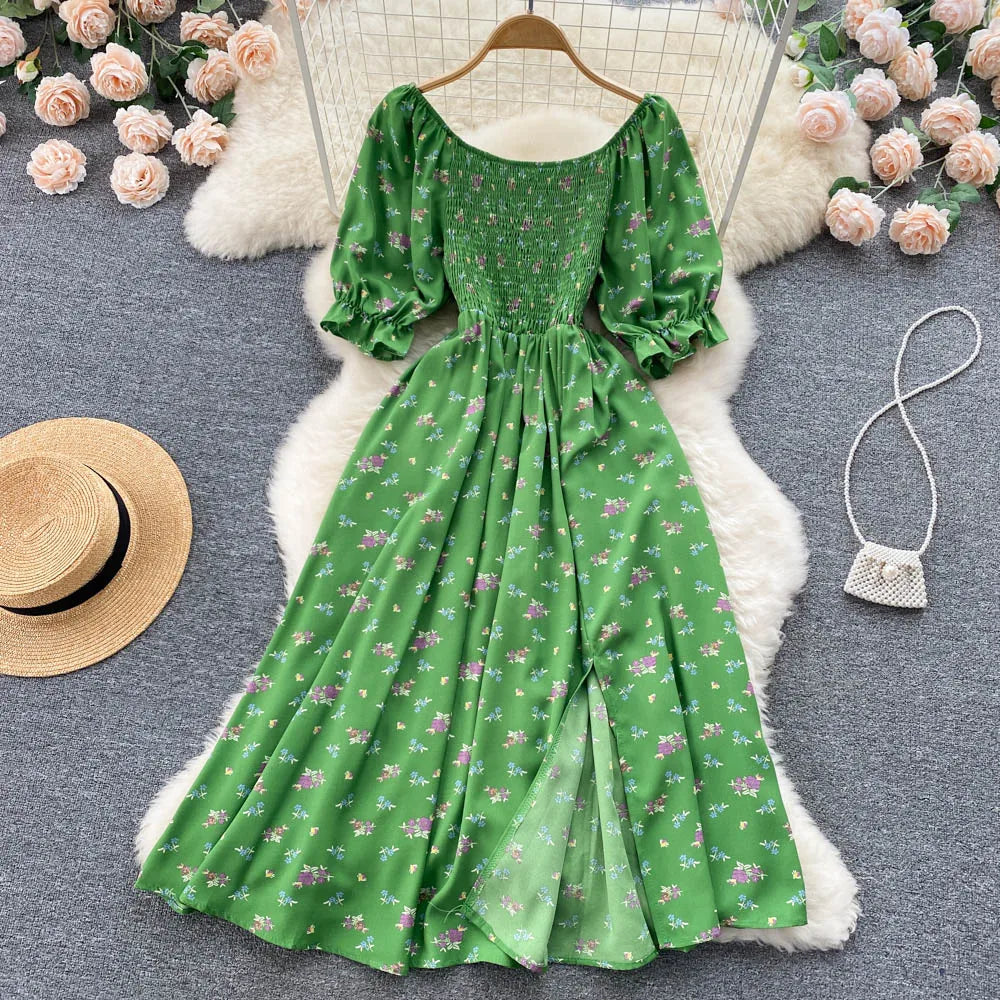 Women's Fashion Romantic Floral Print Split Long Summer Dress Puff Sleeve Party Dress